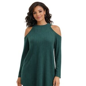 Chicos Cold Shoulder Ribbed Mock Neck Sweater Dark Green Size 3 XL Cotton Blend